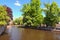 Beautiful canal and big and old trees at the banks. White swans on the green grass. Spring landscape photo. Bruges dutch: Brugge