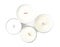 Beautiful candles with wooden wicks on white background, top view