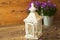 Beautiful candlestick lamp and flowers bells campanula.