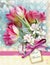 Beautiful card with bouquet of red tulips end other spring flowers with pink bow. Holiday floral background.