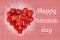 Beautiful card with a greeting on Valentine`s Day - heart strawberries on a pink background textures and the words Happy Valentin