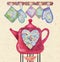 Beautiful card with red teapot on the fire,hearts and potholders