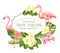 Beautiful card with a wreath of tropical flowers. Tropical flower garland. Blossom flowers for invitation card over