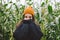 Beautiful carefree long hair asian girl in the yellow hat and knitted sweater in autumn corn field. Sensitivity to nature concept