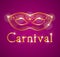 Beautiful Carnival illustration with venetian mask. Purple pink and gold.