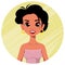 Beautiful cartoon character. Cheerful smiling woman in summer dress with golden earrings. Modern fashionable lady.
