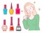 Beautiful cartoon character girl shining from beauty, collection of nail polish, isolated portrait