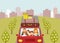 Beautiful cartoon family: young man, woman, son and daughter are going to vacation. Mom is driving a red car