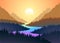 Beautiful Cartoon fantasy Landscape with sunset or sunrise mountain range cold morning mist in the mountain summit