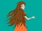 Beautiful cartoon girl with long light brown hair turning her head and looking back