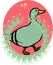 Beautiful cartoon illustration of cute blue duck with green plants frame inside pink oval mbackground