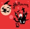 Beautiful cartoon illustration of demon castle silhouette and funny black cat as guard with flying wizard for halloween greeting