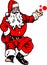 Beautiful cartoon illustration of santa claus in white beard and cute red dress with three red bubles above his hand in green