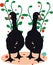 Beautiful cartoon illustration of two cute black ducks with green plants and red fruit behind them in clear and white background