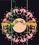 Beautiful cartoon illustration  of two yellow retro coloured camels and green plant inside cute pink frame circle in black backgro