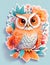 Beautiful cartoon owl with flowers sticker on blue background. Vector illustration.