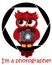 A beautiful cartoon red owl with a camera sits on the camera\\\'s diaphragm. Concept photography, vocations, photo business