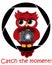 A beautiful cartoon red owl with a camera sits on the camera\\\'s diaphragm. Concept photography, vocations, photo business