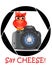 Beautiful cartoon red owl sits on the button Start the camera in the frame of the camera\\\'s aperture. Concept photography,