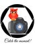 Beautiful cartoon red owl sits on the button Start the camera in the frame of the camera\\\'s aperture. Concept photography,