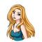 Beautiful cartoon smiling girl portrait. Long blonde hair, big blue eyes, blue shirt