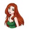 Beautiful cartoon smiling girl portrait. Long red hair, big green eyes, green shirt