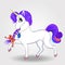 Beautiful cartoon walking unicorn with purple braid and ribbon on white background.