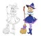 Beautiful cartoon witch holding wooden broom. Hand drawn vector illustration