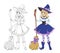 Beautiful cartoon witch holding wooden broom. Hand drawn vector illustration
