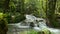 Beautiful cascade with water stream flowing over the rocks through green woodland under morning sunlight.