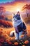 A beautiful cat in acrylic painting art, with a whimsical field in sunset time, autumn, digital art, blossoms tree, flower