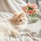 Beautiful cat with blue eyes lies on the bed and relaxes