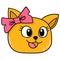 Beautiful cat lady using ribbon and smiling happily. carton emoticon. doodle icon drawing