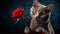 Beautiful Cat with Red Rose: Stunning Feline Portrait with Flower.