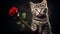 Beautiful Cat with Red Rose: Stunning Feline Portrait with Flower.