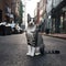 Beautiful cat strikes pose on urban street, exuding elegance and grace