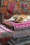 Beautiful cats on a decorated arabic seat at a coffee tea bar in the Islamic Cairo