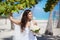 Beautiful caucasian bride posing at a tropical beach