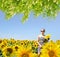 Beautiful caucasian girl in the sunflower field.