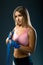 Beautiful caucasian Sweaty boxer woman with blue boxing bandages. photo set of sporty muscular female blonde girl wearing sports c