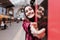 beautiful caucasian woman in train station ready to travel inside wagon. Travel and lifestyle concept