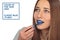 Beautiful caucasian woman with trendy lipstick blue color. Classic blue color of the year 2020. Mockup, template