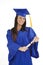 Beautiful Caucasian woman wearing a blue graduation gown holding diploma
