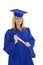 Beautiful Caucasian woman wearing a blue graduation gown holding diploma