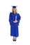 Beautiful Caucasian woman wearing a blue graduation gown holding diploma