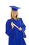 Beautiful Caucasian woman wearing a blue graduation gown holding diploma