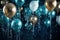 a beautiful celebration with light blue, silver and golden balloons