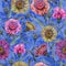 Beautiful Centaurea flowers with leaves on blue background. Seamless floral pattern. Watercolor painting.