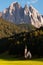 The beautiful chapel of Saint Johann infront of the Geisler peaks