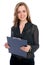 Beautiful cheerful business woman with tablet and pen for notes.